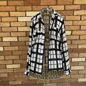 Sheer Black and White Long Sleeve Blouse, Plaid Top